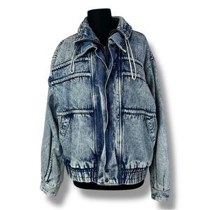 Vintage Urban Equipment Retro Acid Washed Blue Denim Bomber Jacket Mens L
